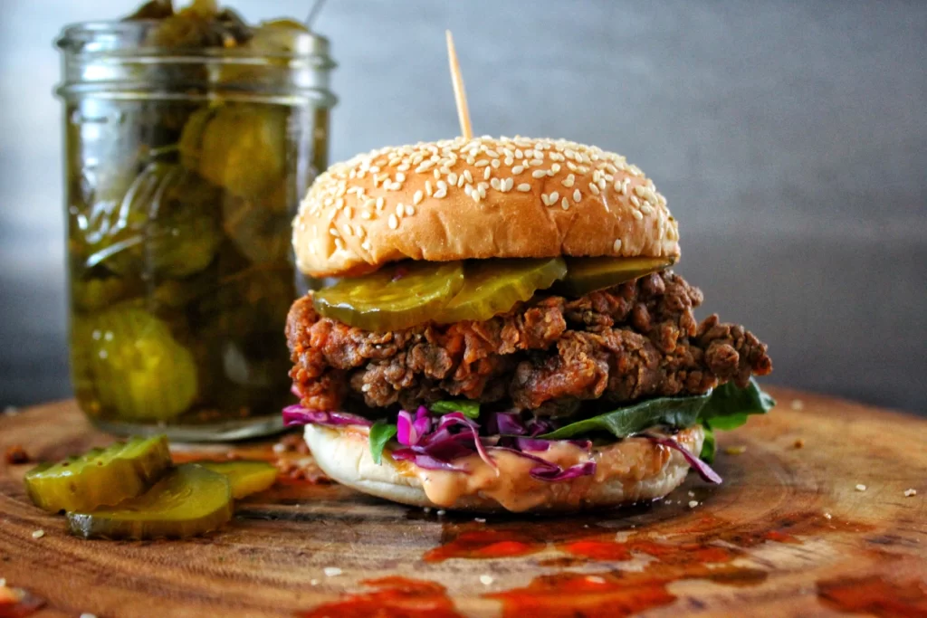 Vegan burger with drink jar
